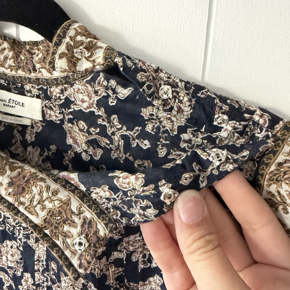 Isabel Marant Étoile Vega Top Size 36 Navy Floral High Neck Cotton Blouse - Picture 9 of 13